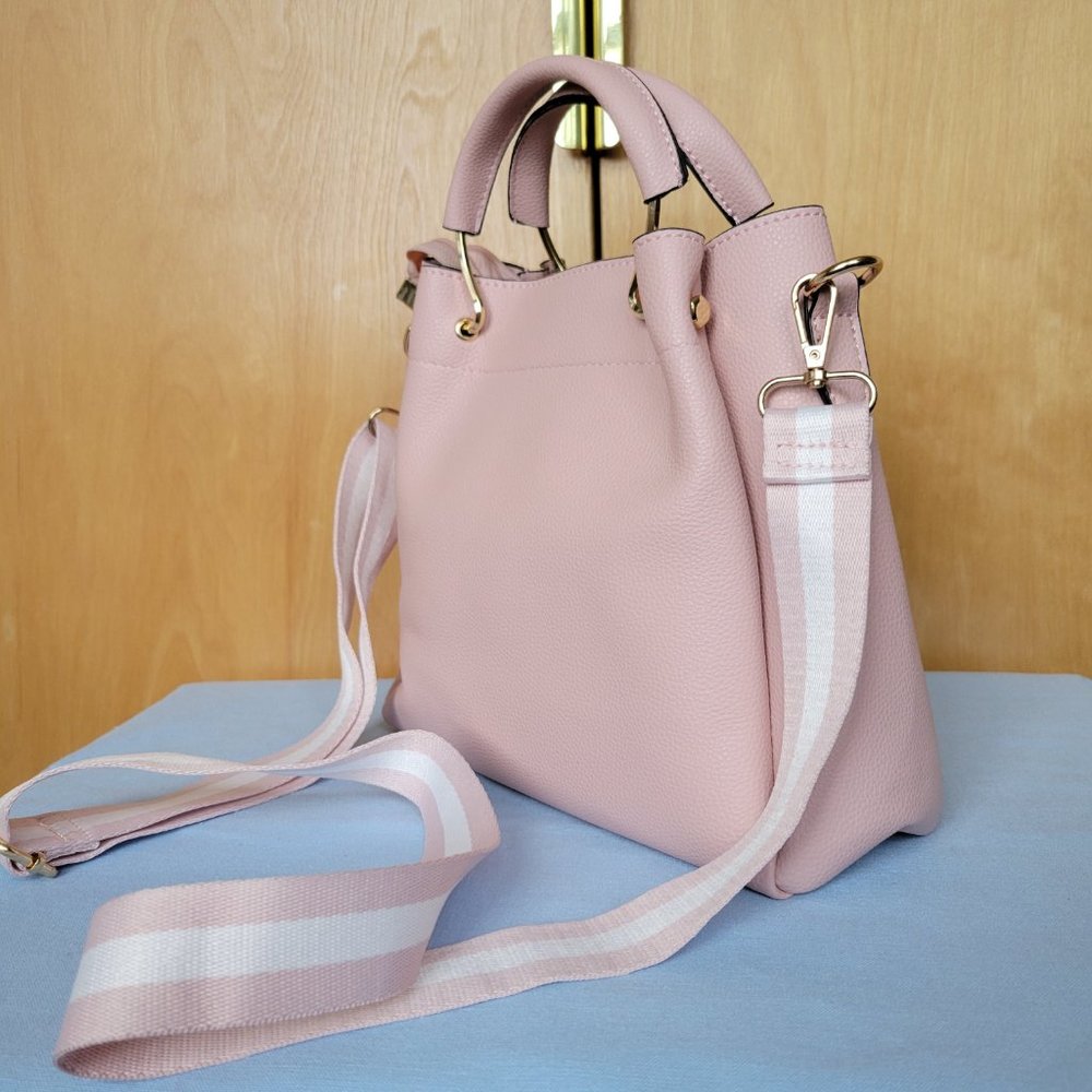 NEW Pink Leather Handbag Crossbody Cute Purse Gold Accent Tote Bag Detach Strap - Picture 3 of 10
